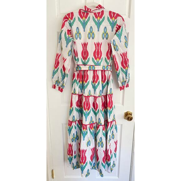 OLIPHANT Tuckernuck Tie Waist Belt Shirt Dress Maxi Midi Ikat Sumba Red Print XS - Picture 11 of 16